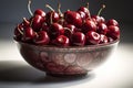 Large ripe juicy tasty cherries in a ceramic bowl on a light background made with generative AI Royalty Free Stock Photo