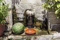 A large ripe watermelon cools down near a stone spring with mountain, cold water close-up