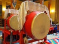 large ritual drums in the interior of a Buddhist temple Royalty Free Stock Photo