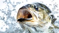 A large river bass lunges through the water, mouth wide open, creating dynamic splashes against a clean white backdrop