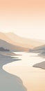 Minimalist River Painting With Warm Tonal Range And Mountainous Vistas