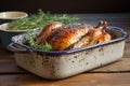 A large roast chicken in a white dish, AI