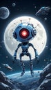 A Lone Robot in the Vastness of Space: A Futuristic Sci-Fi Illustration Featuring a Giant Mechanical Being Against a Lunar Royalty Free Stock Photo