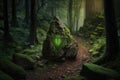 large rock with arrow pointing the way, in a lush forest Royalty Free Stock Photo