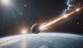 Large rock or asteroid passes through the atmosphere of planet Earth and pieces hit the Earth's surface Royalty Free Stock Photo