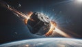 Large rock or asteroid passes through the atmosphere of planet Earth and pieces hit the Earth's surface Royalty Free Stock Photo