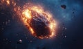 A large rock is falling through space, surrounded by a cloud of debris Royalty Free Stock Photo