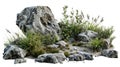A large rock formation is seen amidst a bed of green grass and scattered rocks Royalty Free Stock Photo