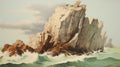 Vintage Oil Painting Of Dramatic Rocky Coast On White Background