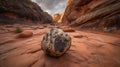 a large rock sitting on top of a sandy beach next to a cliff side under a cloudy sky with a single plant growing out of it Royalty Free Stock Photo