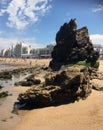Large rocks on Biarritz beach in southern France. Royalty Free Stock Photo