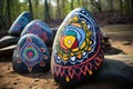 large rocks with mantras painted onto them