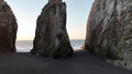 Large rocks natural monument Piedra de Iglecia Church stone on Chilean coast in Constitucion in sunset