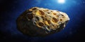 Large, rocky asteroid traveling through outer space with a bright star shining in the background, creating a dramatic and Royalty Free Stock Photo