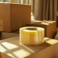 Large roll of packing tape on cardboard boxes in warm sunlight during moving process Royalty Free Stock Photo