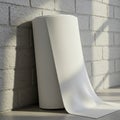A large roll of white paper leans against a light-colored brick wall. The paper unrolls Royalty Free Stock Photo