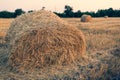 Large roll of yellow straw, against the backdrop of farmland