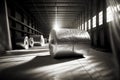 large rolls of aluminum foil lie on floor of aluminum industry factory's warehouse