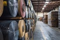 Large rolls of industrial flooring material await installation or shipping in a warehouse setting Royalty Free Stock Photo