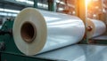 Large rolls transparent plastic film in industrial manufacturing setting. Cellophane polyethylene material. Packaging process at Royalty Free Stock Photo
