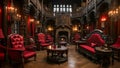 A large room featuring numerous red chairs perfect for accommodating a crowd, Vampire Dracula castle interior, victorian red