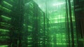 A large room filled with numerous green lights casting a vibrant glow across the space, NAS storage visualized as a secure fort