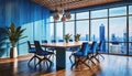 a large room with large windows overlooking the city intended for team meetings,