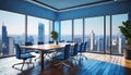 a large room with large windows overlooking the city intended for team meetings,
