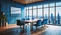 a large room with large windows overlooking the city intended for team meetings,