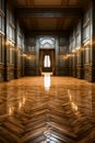 Large room with wooden floor and clock on the wall. Generative AI Royalty Free Stock Photo