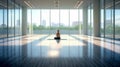 Large Room with wooden floor and powerful cold Sunlight with a woman silhouette meditating seated - AI generated