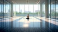 Large Room with wooden floor and powerful cold Sunlight with a woman silhouette meditating seated