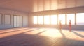 Large Room with wooden floor and powerful warm Sunlight with 2 women silhouettes talking - AI generated