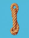 Large rope hanging down from ceiling. The rope has been tied into loop shape and hangs in front of blue background. It