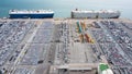 Large RoRo (Roll-on Roll-off) into Commercial dock loading new car product order for sale for export international on