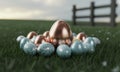 Large rose gold easter egg surrounded by blue speckled eggs in green grass Royalty Free Stock Photo