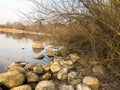 Large round beautiful natural stones cobblestones in water, sea, lake, river. Background, texture Royalty Free Stock Photo