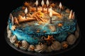 large round birthday cake with burning candles and decoration of pieces