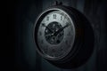 A large round clock on the wall of a dark room shows twenty-two o\'clock. AI generation