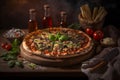 Large round Italian diet pizza on the festive wooden table. Close-up of crispy meal in a restaurant. Atmospheric moody lighting.