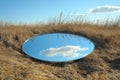 Large round mirror reflecting blue sky and clouds placed in dry grass field under sunny sky Royalty Free Stock Photo