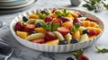 A large round serving dish in a creamy white hue ideal for showcasing a colorful fruit salad. Royalty Free Stock Photo