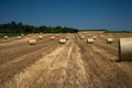 Of large round straw bales in a Swiss stubble field in bright sunlight Royalty Free Stock Photo