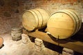 Large round wooden barrels for beer, wine in the old cellar of the Middle Ages made of brick Royalty Free Stock Photo