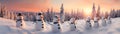 Large row of snowmen on snow covered field in winter with spruce tree forest. Royalty Free Stock Photo
