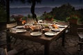 Large rustic table on a garden terrace prepared for a dinner party at night