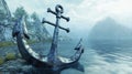 Large rusty anchor resting on rocky shore of mountain lake Royalty Free Stock Photo