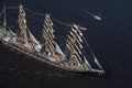 A large sailboat goes along the water area of the Daugava River.nThe last windjammer bark Kruzenstern.