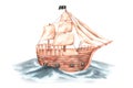 Large sailing pirate ship on the water. Watercolor vintage illustration. Isolated on a white background.For your Royalty Free Stock Photo