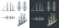 Large sailing ship drawings with the sails down